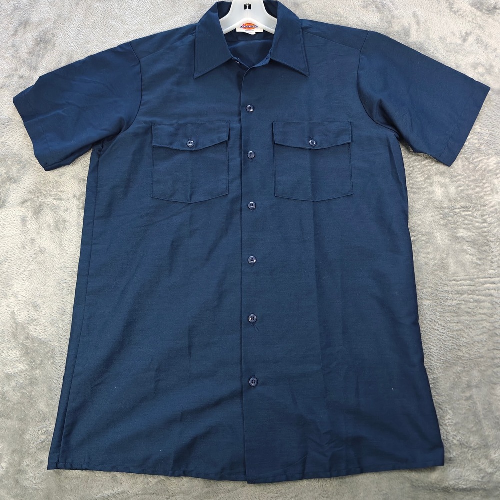 Vintage USA Made Dickies Work Shirt Mens Medium Navy Blue Short Sleeve Button Up